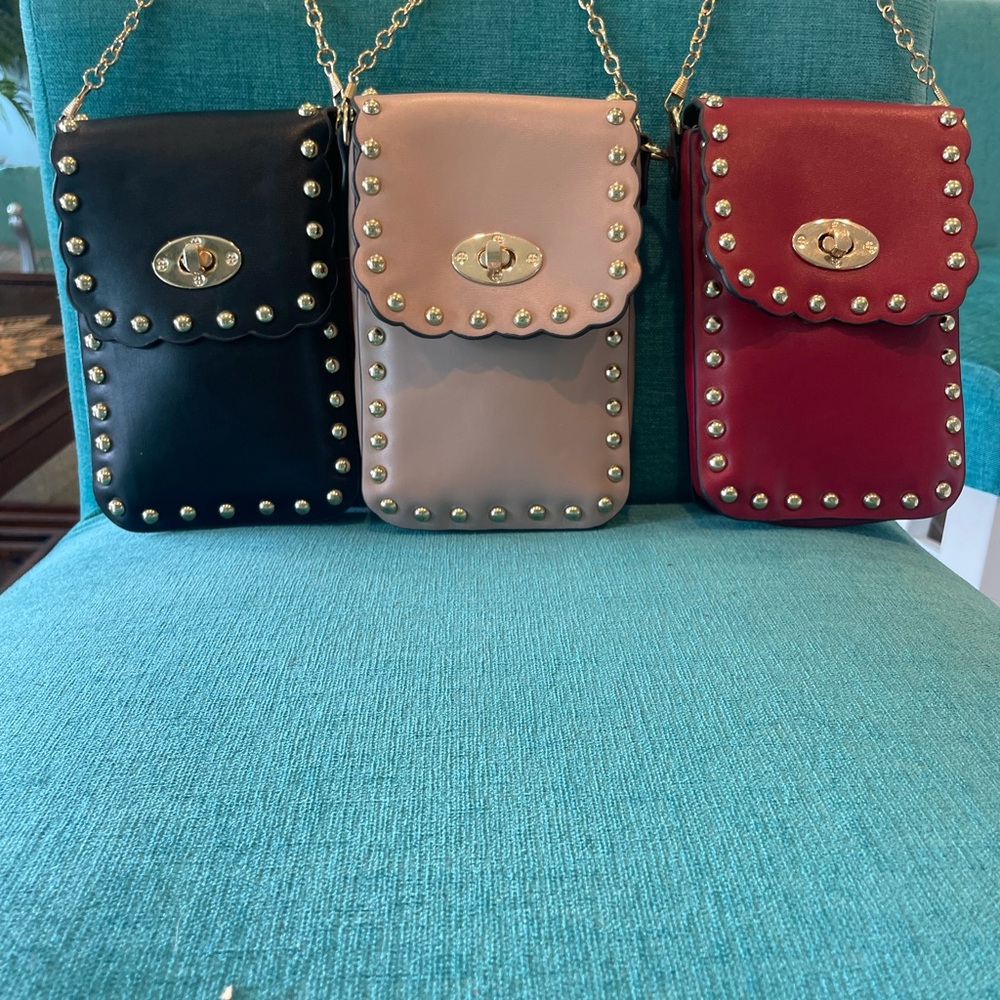 Set of 3 Gold Studded Chain Crossbody Bag - Black, Pink, Red
